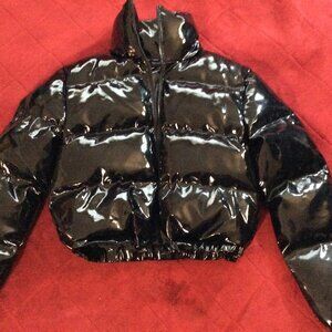 PrettyLittleThing Petite Black Vinyl Puffer Jacket Size 2 New Never Worn